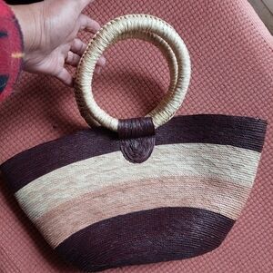 Vintage 80s Ombre Tri-Coloured Striped Straw Satchel Bag